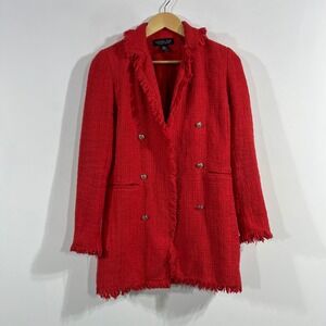 Rachel Zoe Old Money Preppy Tweed Fringe Double Breasted Blazer Jacket Womens XS